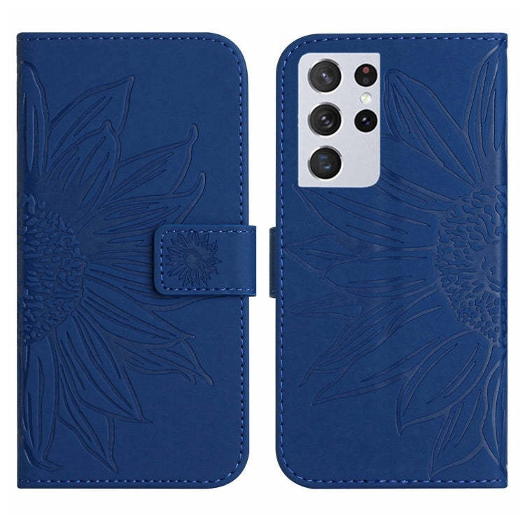 For Samsung Galaxy S21 Ultra 5G Skin Feel Sun Flower Pattern Flip Leather Phone Case with Lanyard