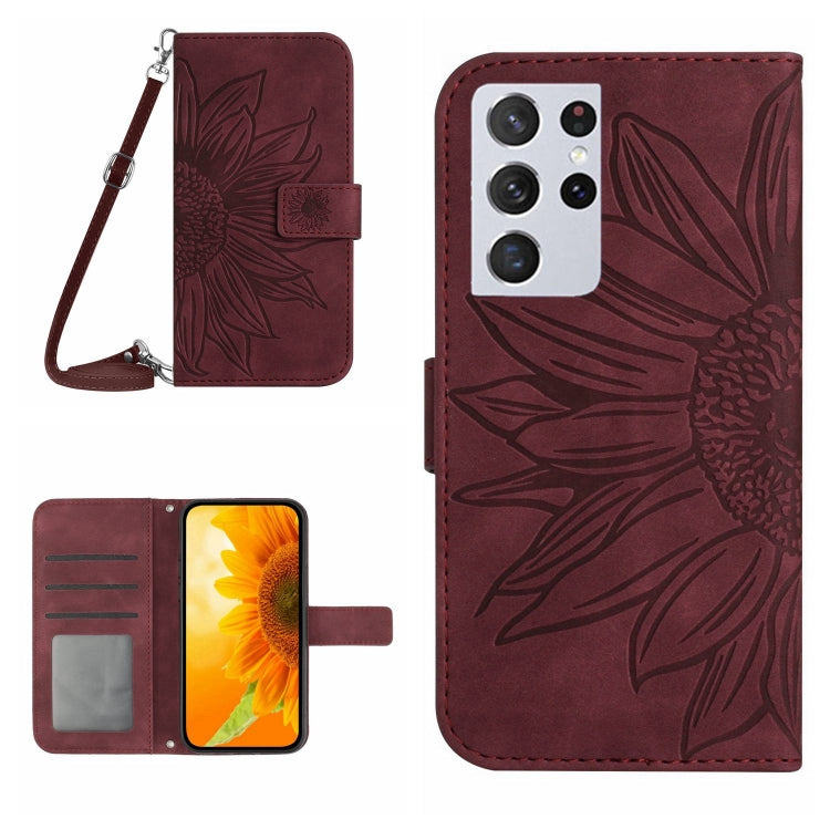 For Samsung Galaxy S21 Ultra 5G Skin Feel Sun Flower Pattern Flip Leather Phone Case with Lanyard