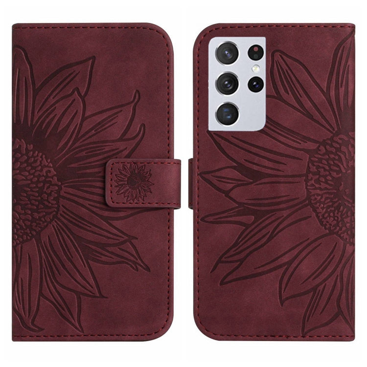 For Samsung Galaxy S21 Ultra 5G Skin Feel Sun Flower Pattern Flip Leather Phone Case with Lanyard
