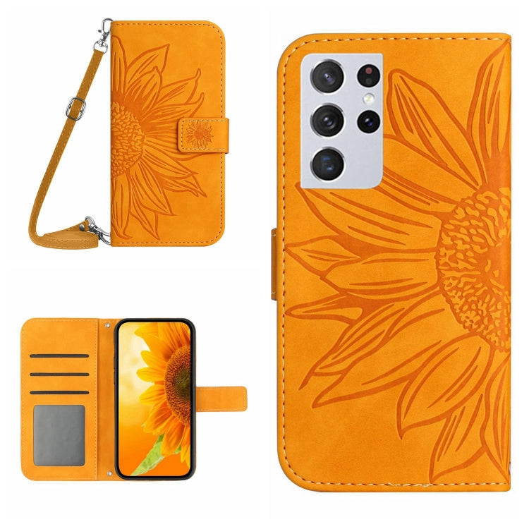 For Samsung Galaxy S21 Ultra 5G Skin Feel Sun Flower Pattern Flip Leather Phone Case with Lanyard