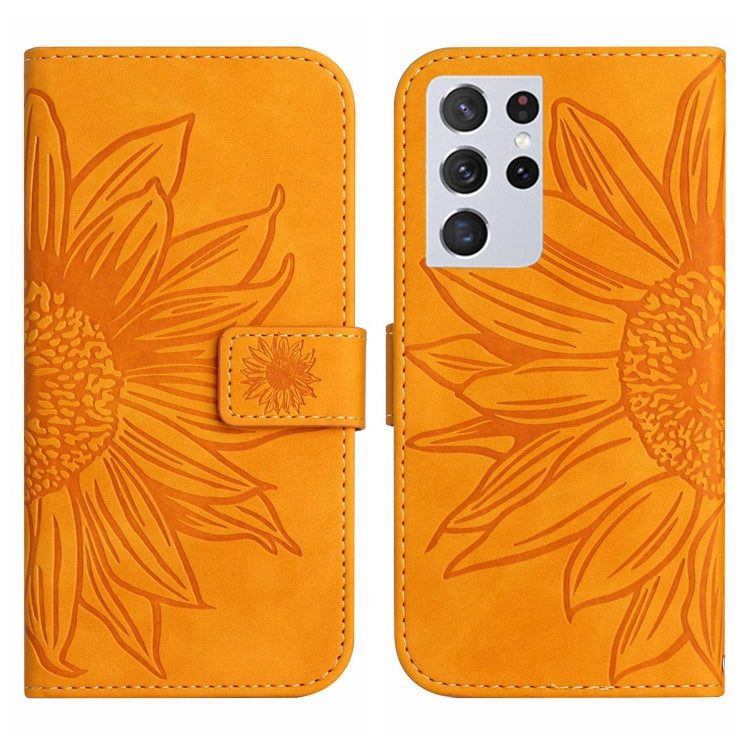 For Samsung Galaxy S21 Ultra 5G Skin Feel Sun Flower Pattern Flip Leather Phone Case with Lanyard