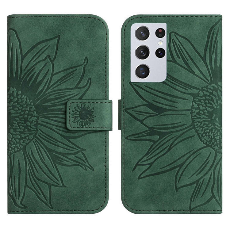 For Samsung Galaxy S21 Ultra 5G Skin Feel Sun Flower Pattern Flip Leather Phone Case with Lanyard