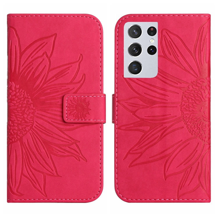 For Samsung Galaxy S21 Ultra 5G Skin Feel Sun Flower Pattern Flip Leather Phone Case with Lanyard
