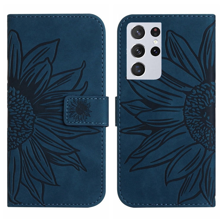 For Samsung Galaxy S21 Ultra 5G Skin Feel Sun Flower Pattern Flip Leather Phone Case with Lanyard