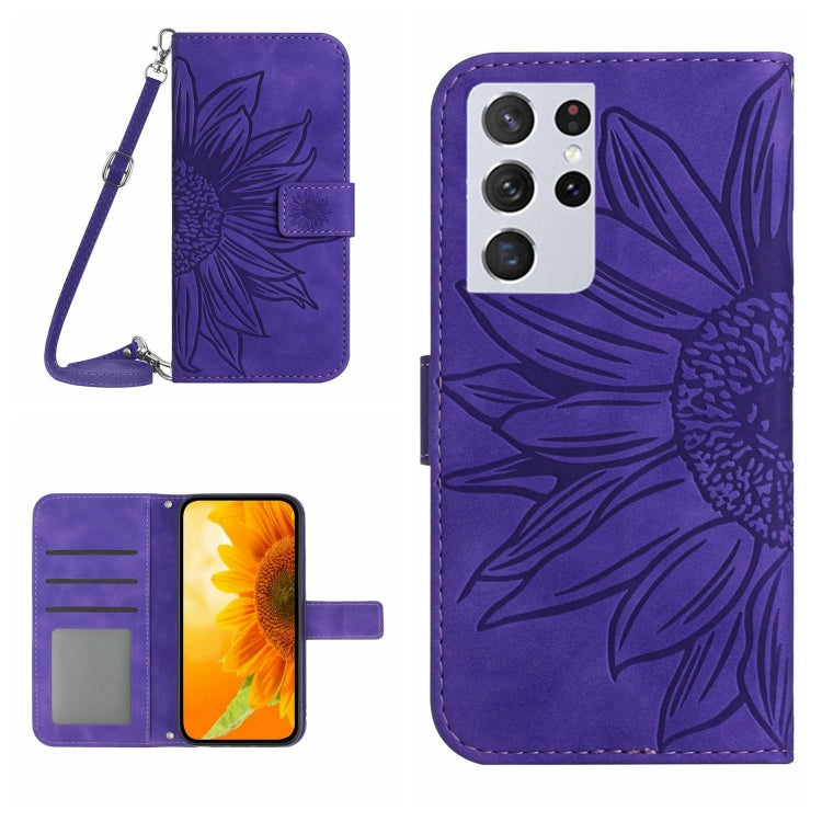 For Samsung Galaxy S21 Ultra 5G Skin Feel Sun Flower Pattern Flip Leather Phone Case with Lanyard