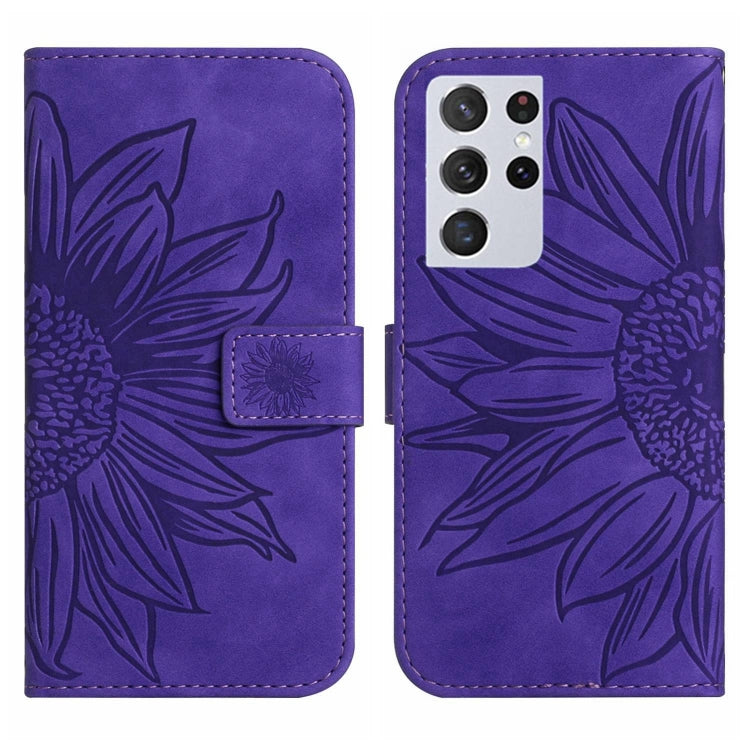 For Samsung Galaxy S21 Ultra 5G Skin Feel Sun Flower Pattern Flip Leather Phone Case with Lanyard