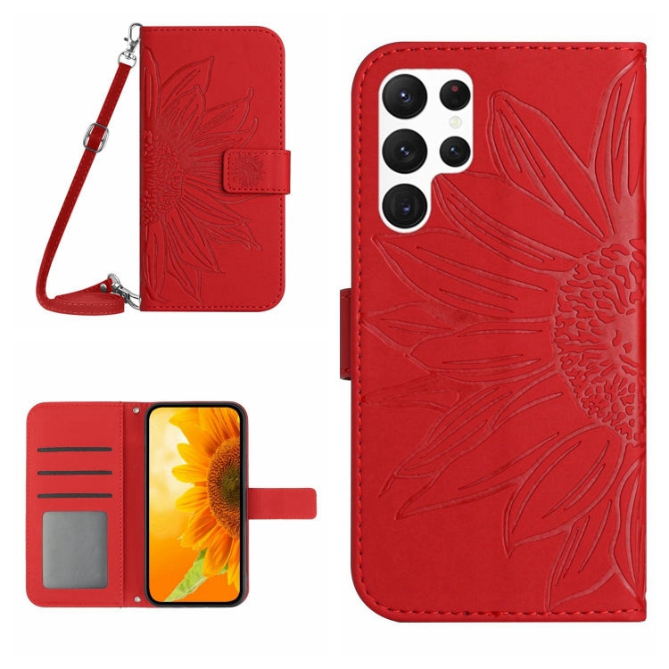For Samsung Galaxy S22 Ultra 5G Skin Feel Sun Flower Pattern Flip Leather Phone Case with Lanyard