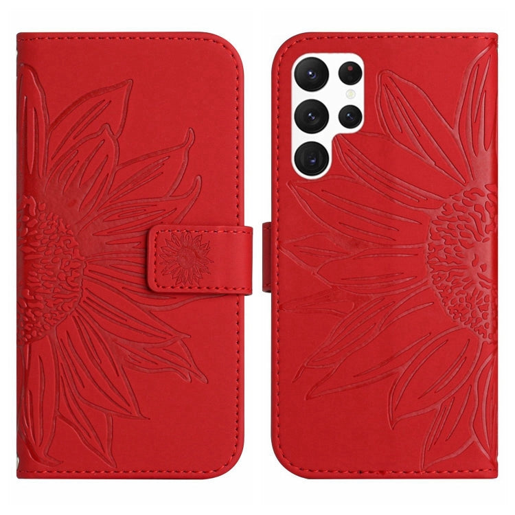 For Samsung Galaxy S22 Ultra 5G Skin Feel Sun Flower Pattern Flip Leather Phone Case with Lanyard
