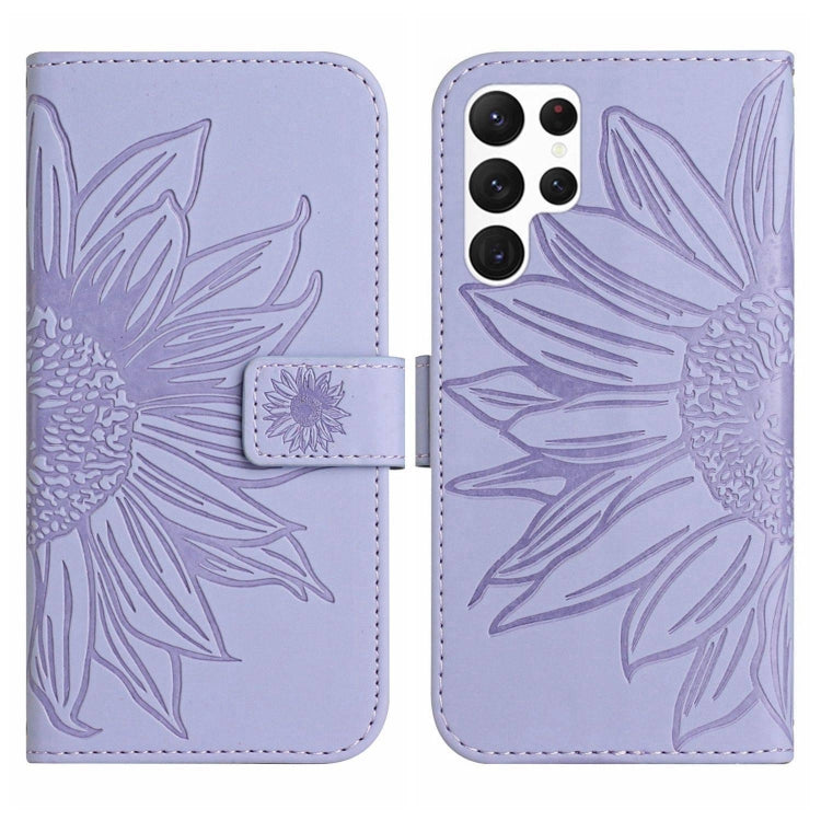 For Samsung Galaxy S22 Ultra 5G Skin Feel Sun Flower Pattern Flip Leather Phone Case with Lanyard
