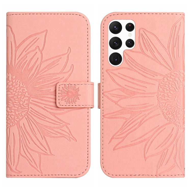 For Samsung Galaxy S22 Ultra 5G Skin Feel Sun Flower Pattern Flip Leather Phone Case with Lanyard