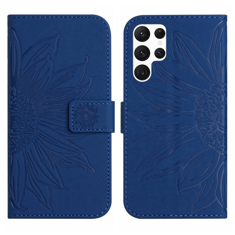 For Samsung Galaxy S22 Ultra 5G Skin Feel Sun Flower Pattern Flip Leather Phone Case with Lanyard