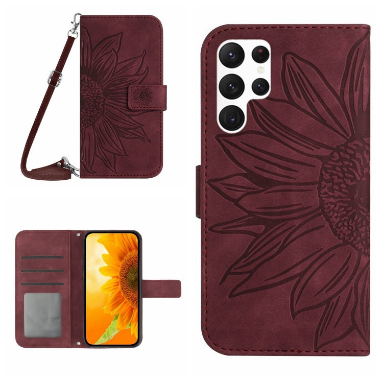 For Samsung Galaxy S22 Ultra 5G Skin Feel Sun Flower Pattern Flip Leather Phone Case with Lanyard