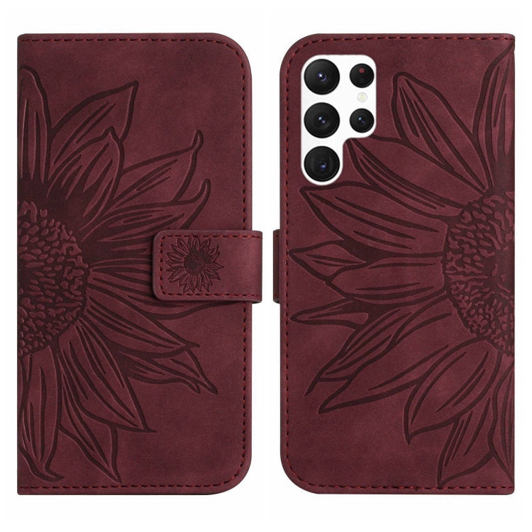For Samsung Galaxy S22 Ultra 5G Skin Feel Sun Flower Pattern Flip Leather Phone Case with Lanyard