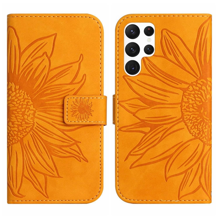 For Samsung Galaxy S22 Ultra 5G Skin Feel Sun Flower Pattern Flip Leather Phone Case with Lanyard