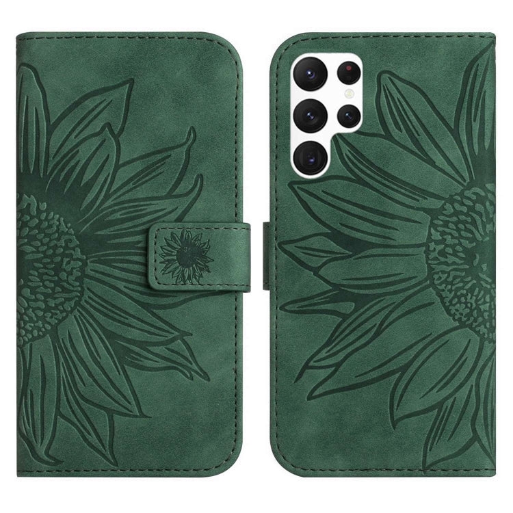 For Samsung Galaxy S22 Ultra 5G Skin Feel Sun Flower Pattern Flip Leather Phone Case with Lanyard