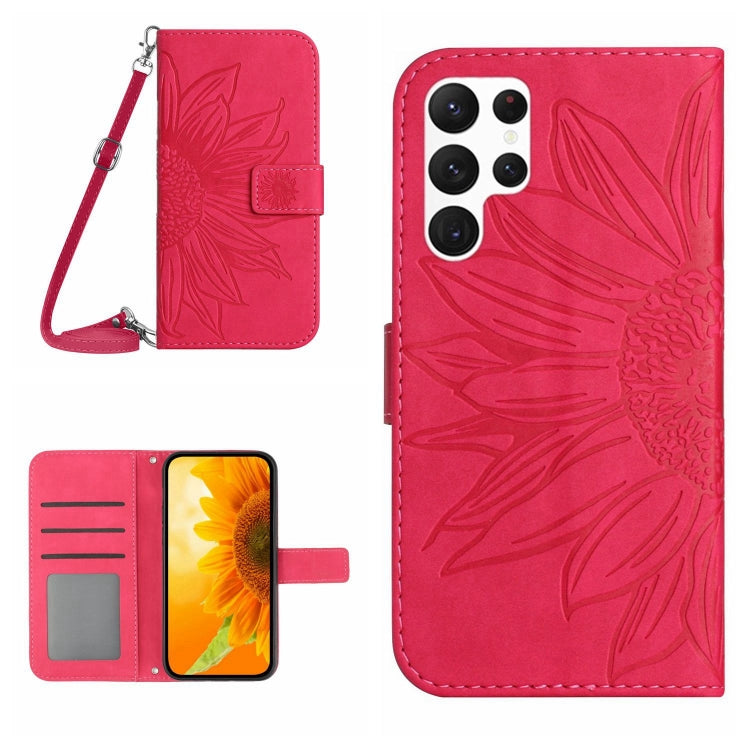 For Samsung Galaxy S22 Ultra 5G Skin Feel Sun Flower Pattern Flip Leather Phone Case with Lanyard
