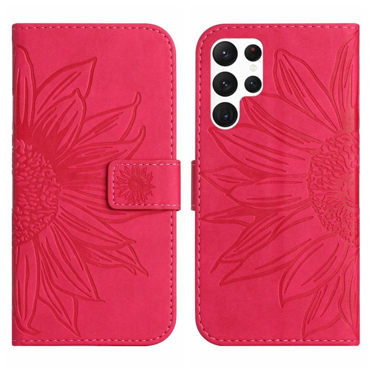 For Samsung Galaxy S22 Ultra 5G Skin Feel Sun Flower Pattern Flip Leather Phone Case with Lanyard
