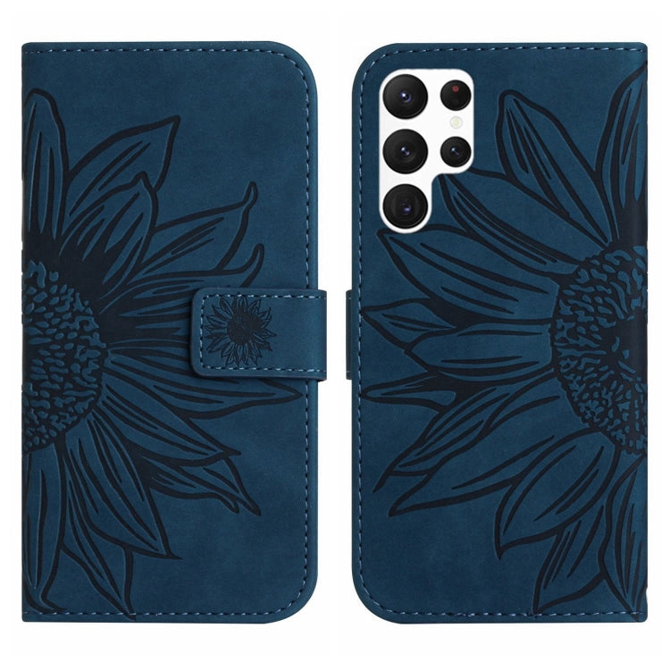 For Samsung Galaxy S22 Ultra 5G Skin Feel Sun Flower Pattern Flip Leather Phone Case with Lanyard