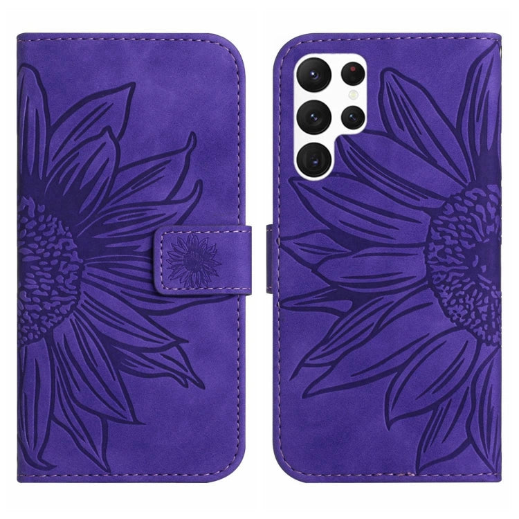 For Samsung Galaxy S22 Ultra 5G Skin Feel Sun Flower Pattern Flip Leather Phone Case with Lanyard