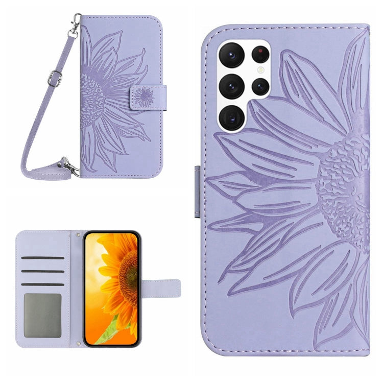 For Samsung Galaxy S23 Ultra 5G Skin Feel Sun Flower Pattern Flip Leather Phone Case with Lanyard