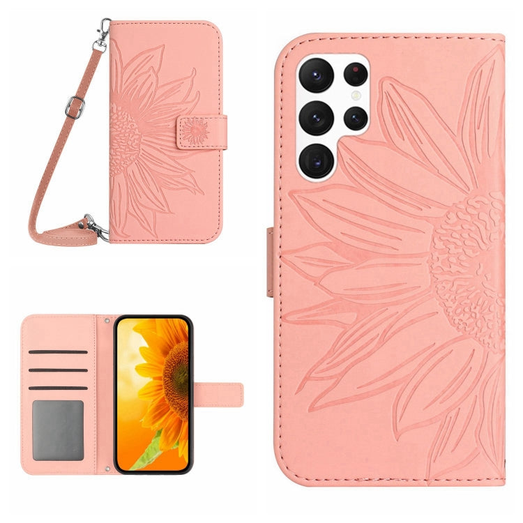 For Samsung Galaxy S23 Ultra 5G Skin Feel Sun Flower Pattern Flip Leather Phone Case with Lanyard