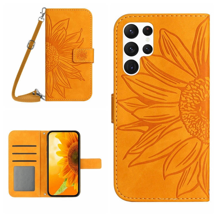 For Samsung Galaxy S23 Ultra 5G Skin Feel Sun Flower Pattern Flip Leather Phone Case with Lanyard