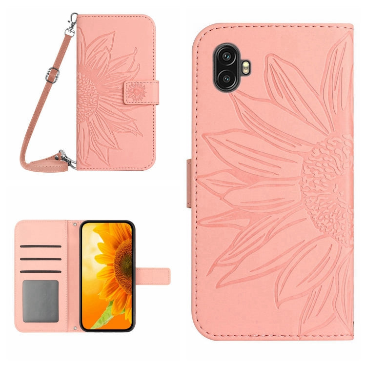 For Samsung Galaxy Xcover6 Pro Skin Feel Sun Flower Pattern Flip Leather Phone Case with Lanyard