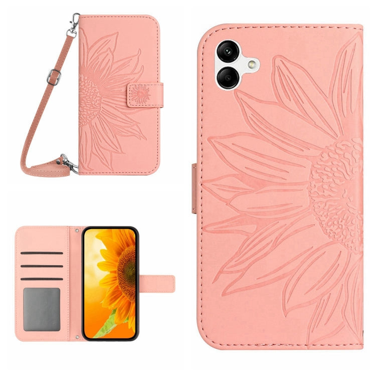 For Samsung Galaxy A04E Skin Feel Sun Flower Pattern Flip Leather Phone Case with Lanyard