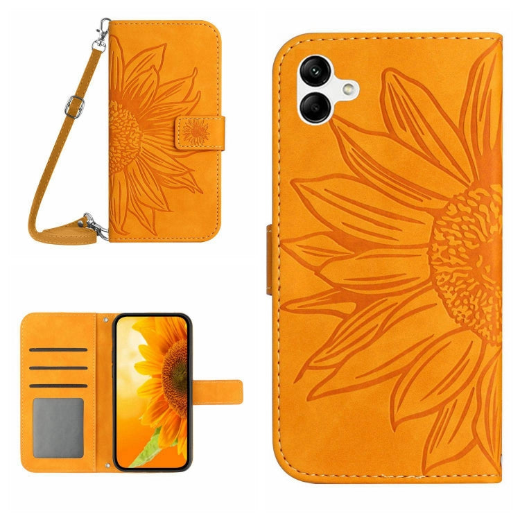 For Samsung Galaxy A04E Skin Feel Sun Flower Pattern Flip Leather Phone Case with Lanyard