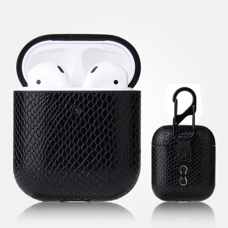 For AirPods 1 & 2 Anti-fall Snakeskin Texture PU Leather Protective Case with Carabiner