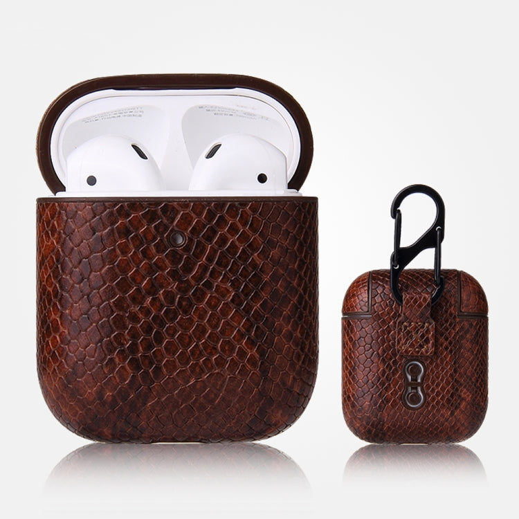 For AirPods 1 & 2 Anti-fall Snakeskin Texture PU Leather Protective Case with Carabiner
