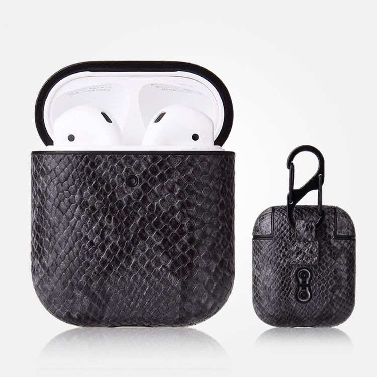 For AirPods 1 & 2 Anti-fall Snakeskin Texture PU Leather Protective Case with Carabiner