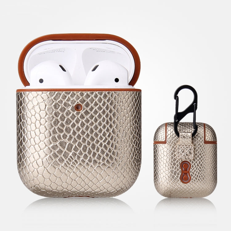 For AirPods 1 & 2 Anti-fall Snakeskin Texture PU Leather Protective Case with Carabiner