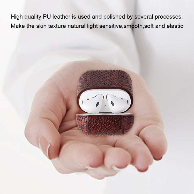 For AirPods 1 & 2 Anti-fall Snakeskin Texture PU Leather Protective Case with Carabiner