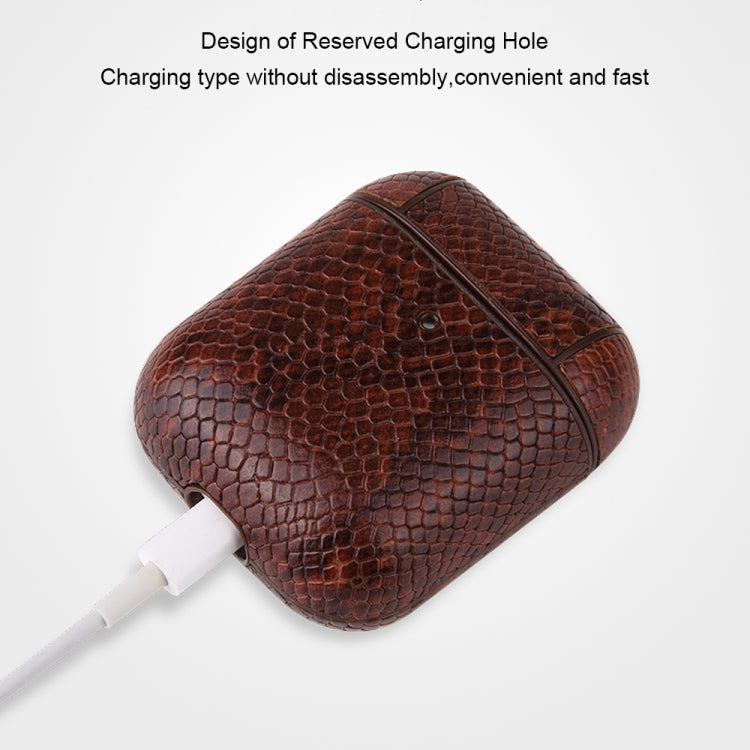 For AirPods 1 & 2 Anti-fall Snakeskin Texture PU Leather Protective Case with Carabiner