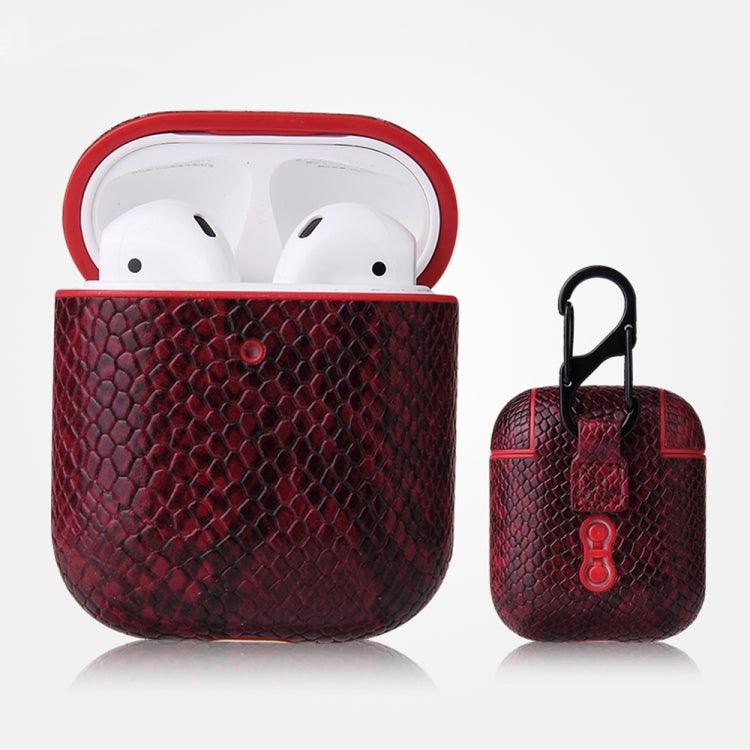 For AirPods 1 & 2 Anti-fall Snakeskin Texture PU Leather Protective Case with Carabiner