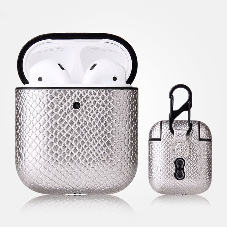 For AirPods 1 & 2 Anti-fall Snakeskin Texture PU Leather Protective Case with Carabiner