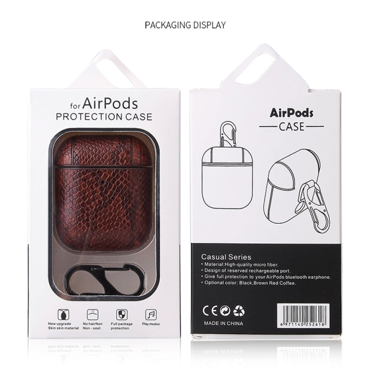 For AirPods 1 & 2 Anti-fall Snakeskin Texture PU Leather Protective Case with Carabiner