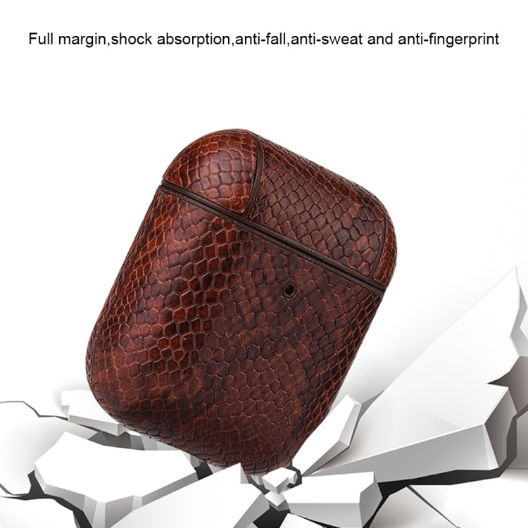 For AirPods 1 & 2 Anti-fall Snakeskin Texture PU Leather Protective Case with Carabiner