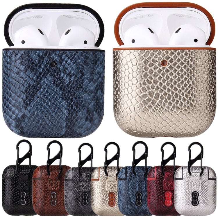 For AirPods 1 & 2 Anti-fall Snakeskin Texture PU Leather Protective Case with Carabiner