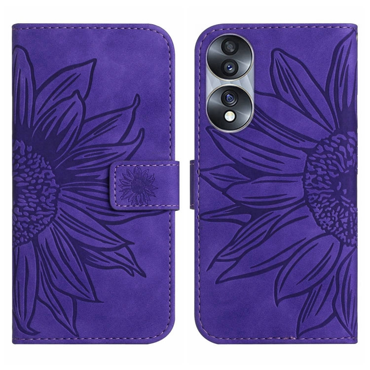 For Honor 70 Skin Feel Sun Flower Pattern Flip Leather Phone Case with Lanyard