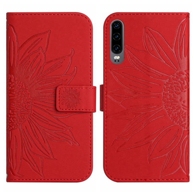 For Huawei P30 Skin Feel Sun Flower Pattern Flip Leather Phone Case with Lanyard