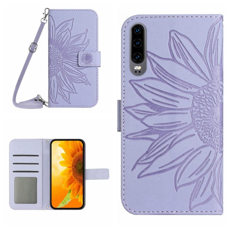 For Huawei P30 Skin Feel Sun Flower Pattern Flip Leather Phone Case with Lanyard