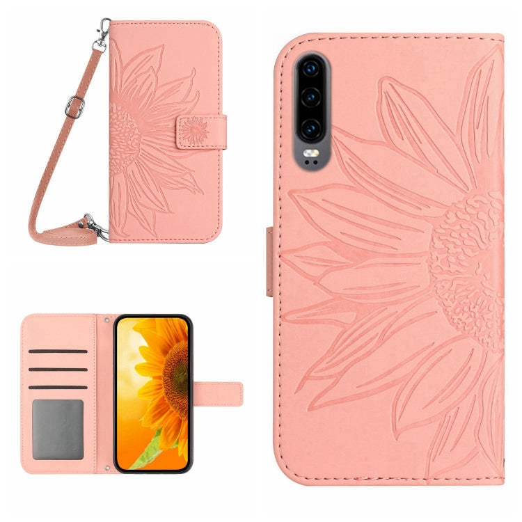 For Huawei P30 Skin Feel Sun Flower Pattern Flip Leather Phone Case with Lanyard