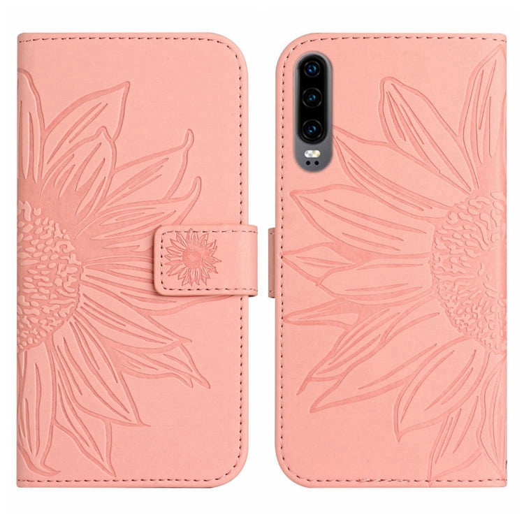 For Huawei P30 Skin Feel Sun Flower Pattern Flip Leather Phone Case with Lanyard