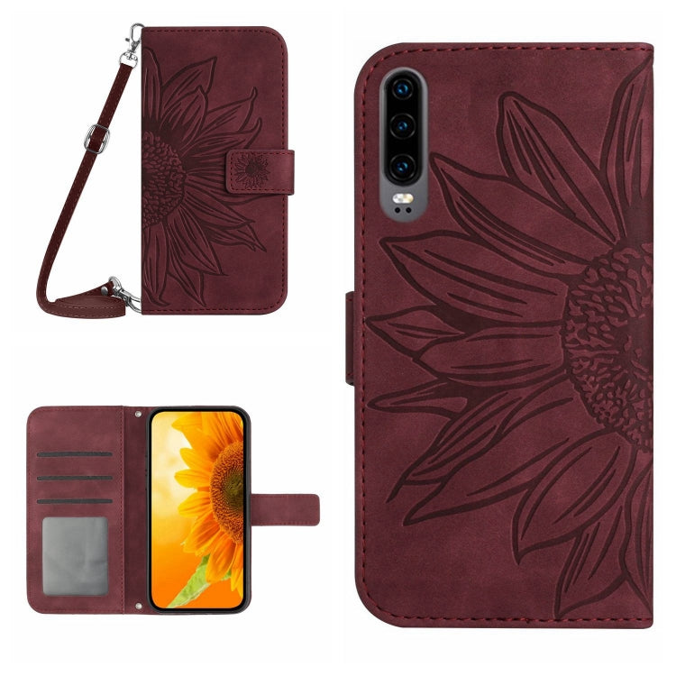 For Huawei P30 Skin Feel Sun Flower Pattern Flip Leather Phone Case with Lanyard