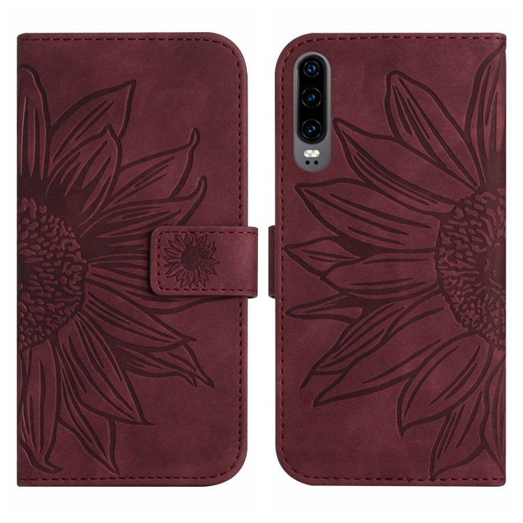 For Huawei P30 Skin Feel Sun Flower Pattern Flip Leather Phone Case with Lanyard
