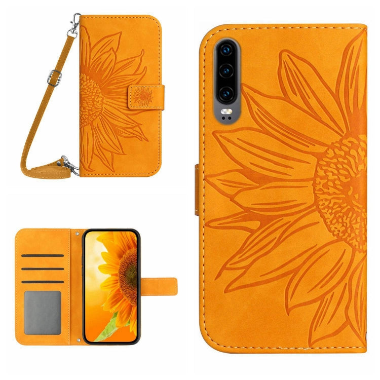 For Huawei P30 Skin Feel Sun Flower Pattern Flip Leather Phone Case with Lanyard