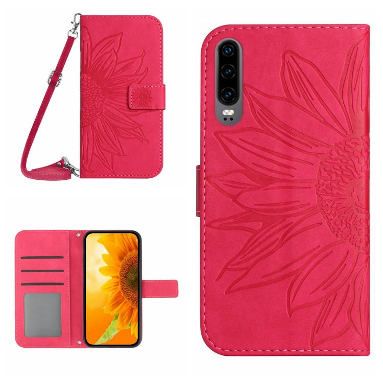 For Huawei P30 Skin Feel Sun Flower Pattern Flip Leather Phone Case with Lanyard