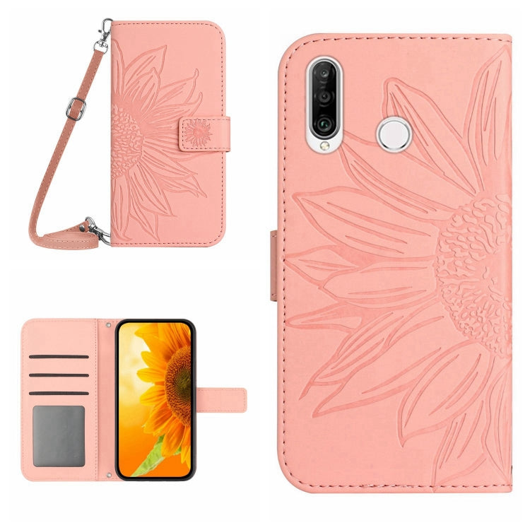 For Huawei P30 Lite Skin Feel Sun Flower Pattern Flip Leather Phone Case with Lanyard